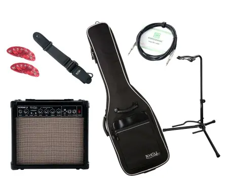 Nuova Collezione Set Completo Rocktile E-Guitar Add On Medium incl. Amp, Borsa, Cinghia, Supporto, Cavo e Picks